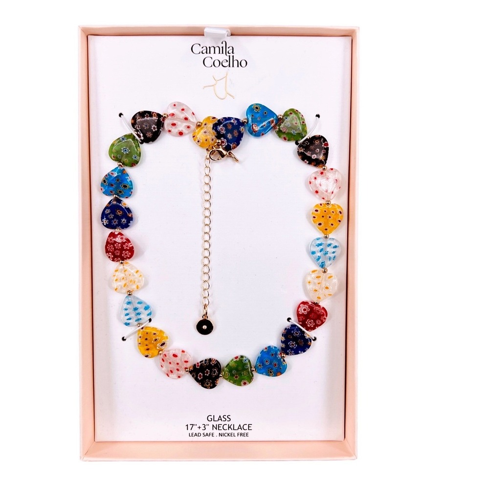Camila Coelho Millefiori Floral Glass Heart Necklace 17" + 3" Gold‎ Tone NWT Box